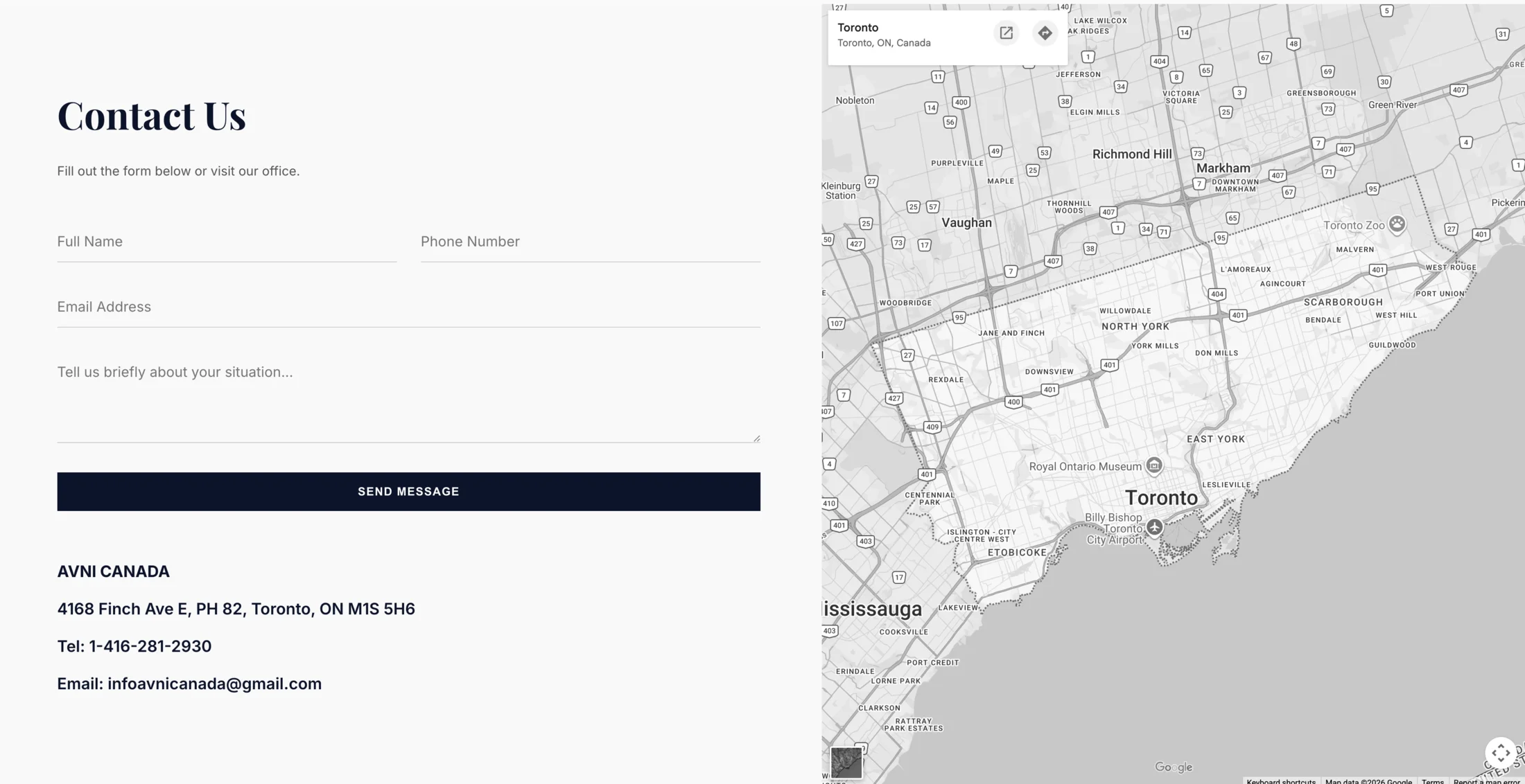 AVNI Canada contact form and Toronto location map