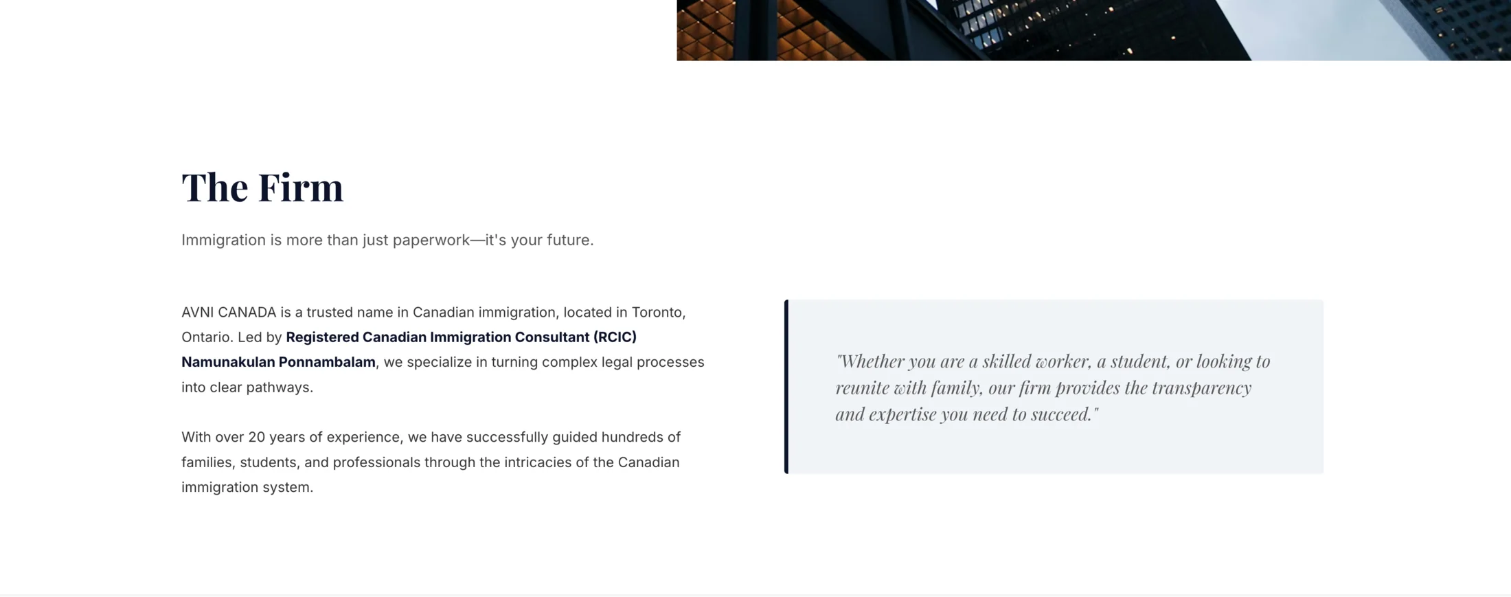 AVNI Canada firm section explaining experience and immigration expertise