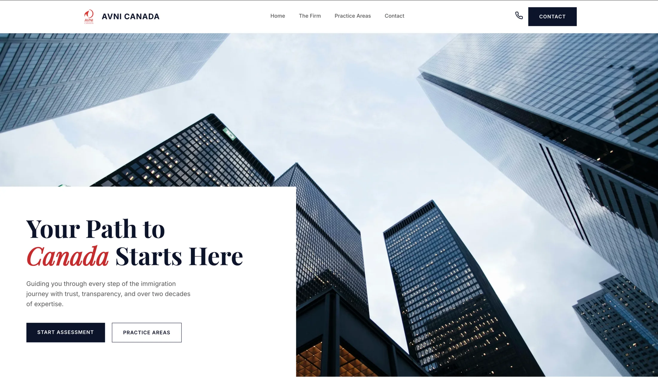 AVNI Canada landing page hero with Toronto architecture and immigration consulting message
