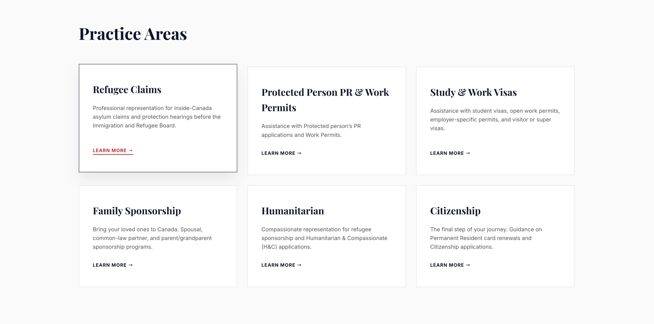 AVNI Canada practice-area cards for immigration services