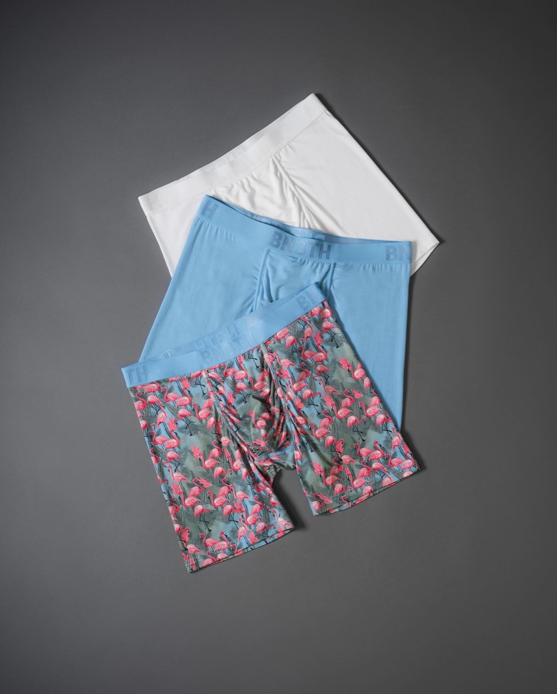 Full product arrangement featuring the Flamingo Ethereal boxer brief.