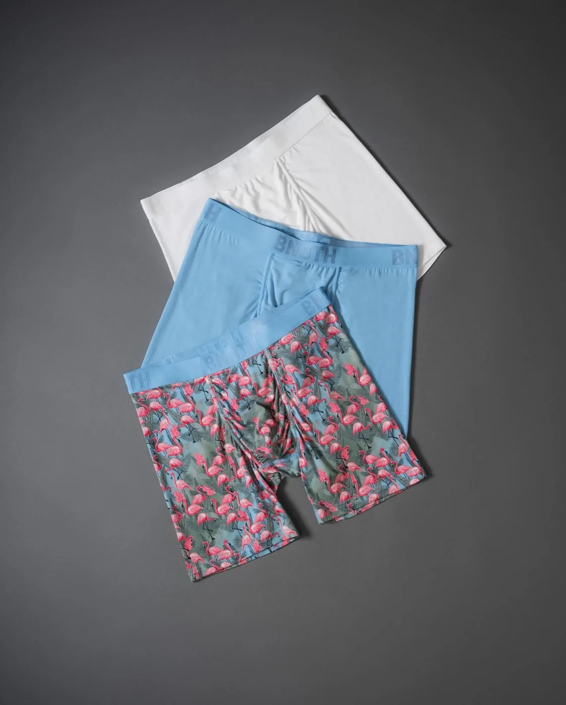 Full product arrangement featuring the Flamingo Ethereal boxer brief.