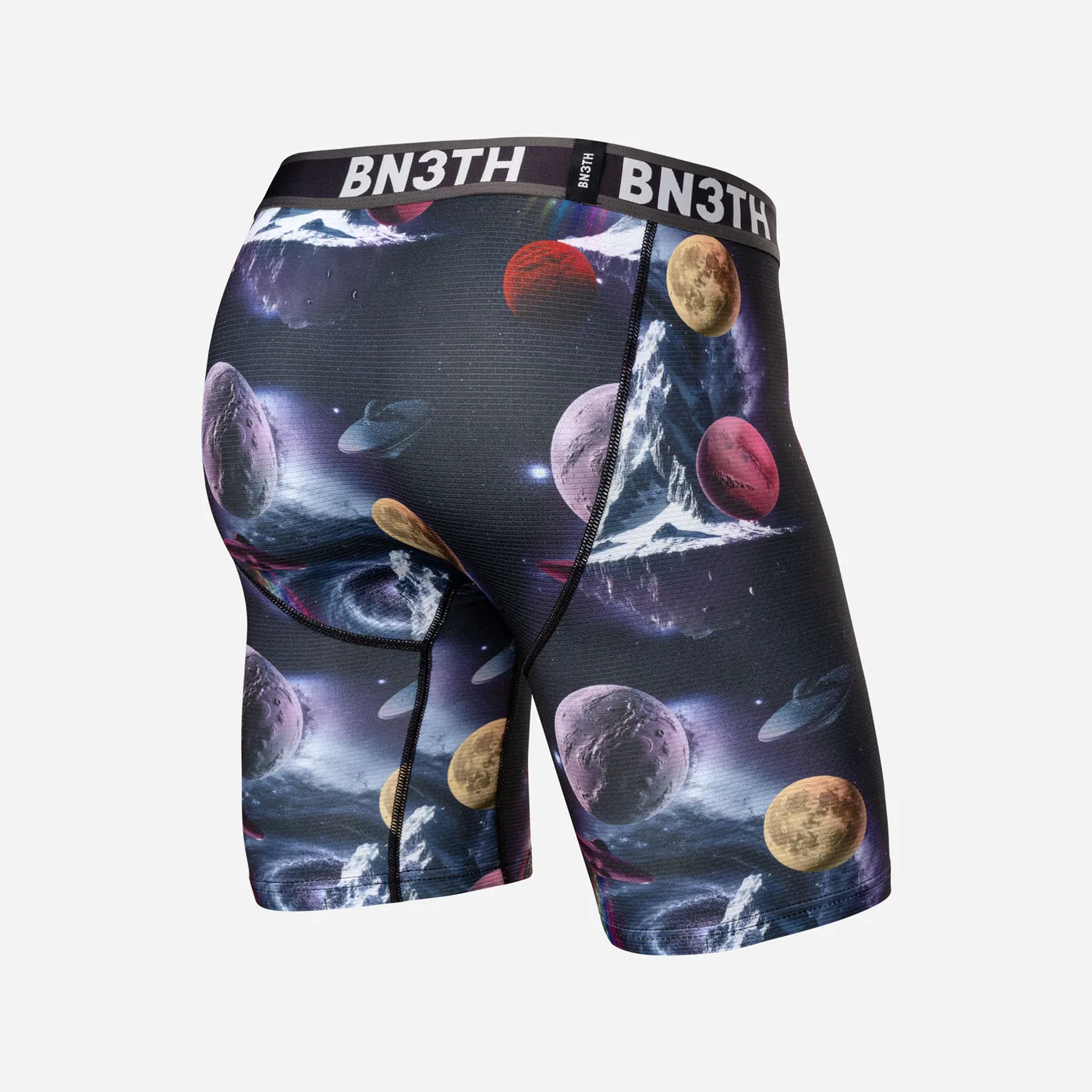 Back view of the BN3TH FW26 boxer brief featuring the final space-inspired textile print.
