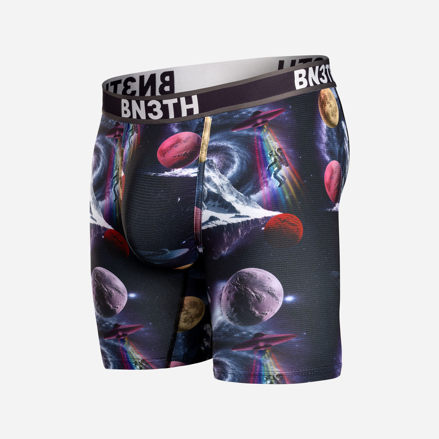 Front view of the BN3TH FW26 boxer brief featuring the final space-inspired textile print.