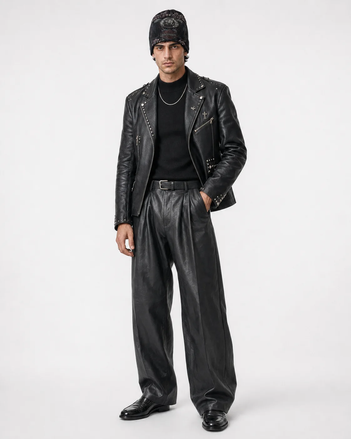 Full body black leather styling look with black beanie