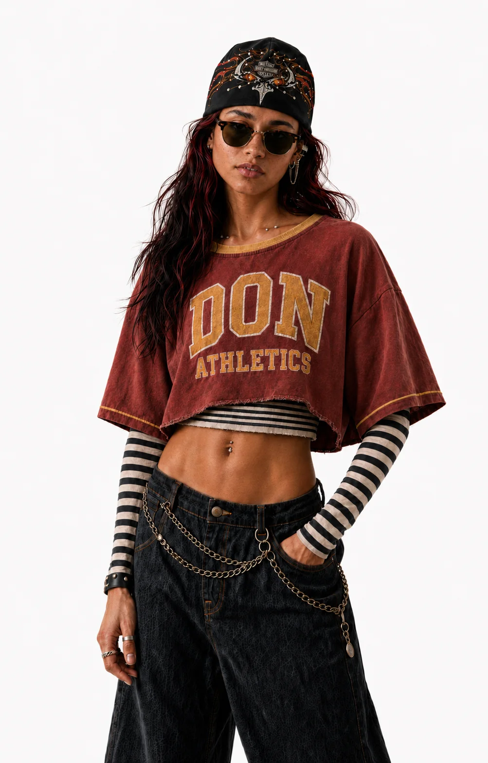 Female model wearing black flame beanie and DON Athletics top