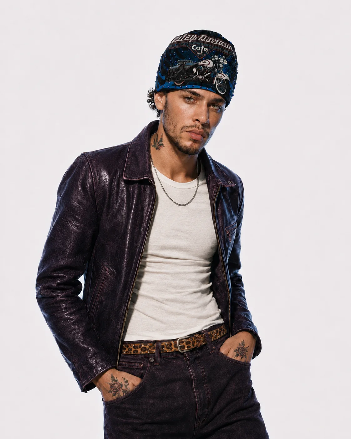Male model wearing the blue motorcycle beanie