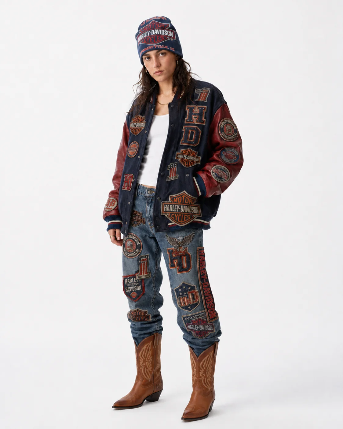 Full body styled look with navy Jacksonville beanie