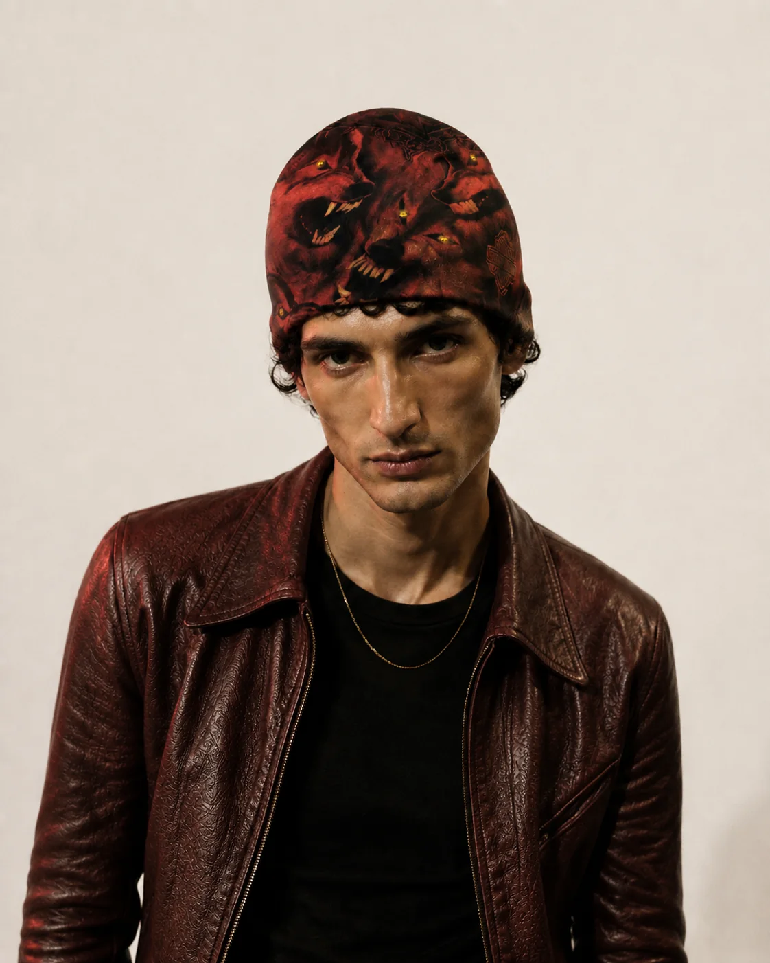 Male model wearing the red wolf beanie
