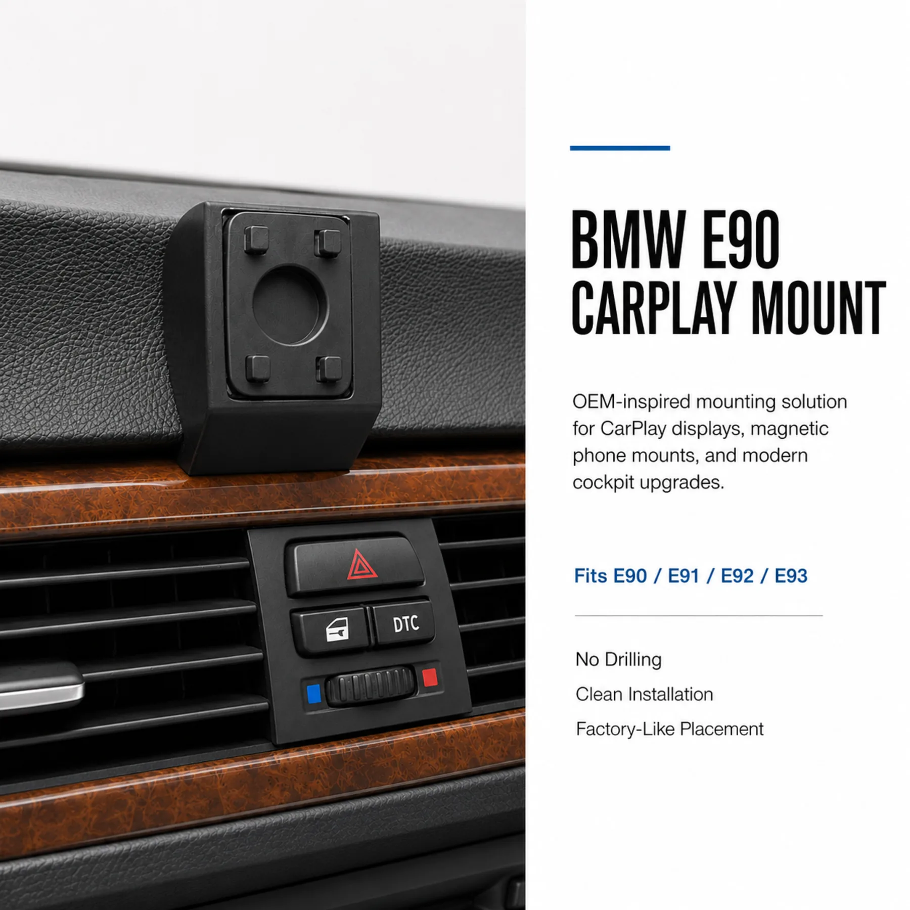 Final Amazon-style BMW E90 CarPlay Mount product ad