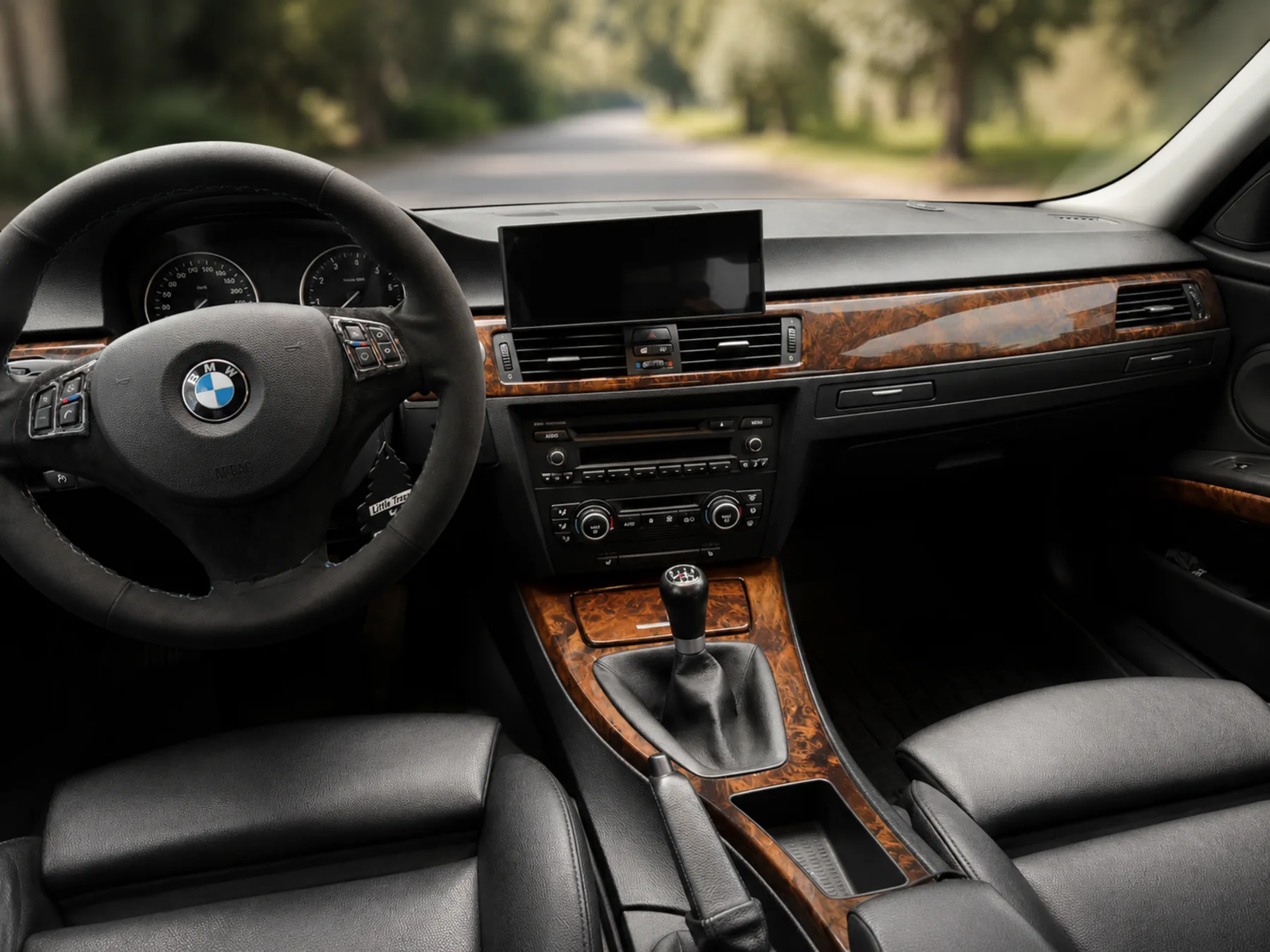 Wide render of BMW E90 interior with CarPlay mount installed