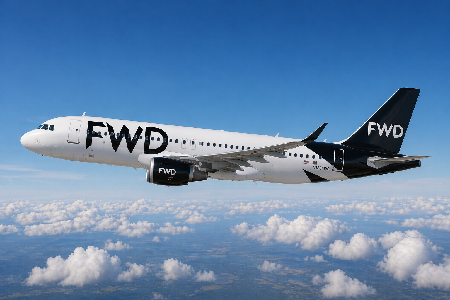 FWD branded aircraft flying above the clouds