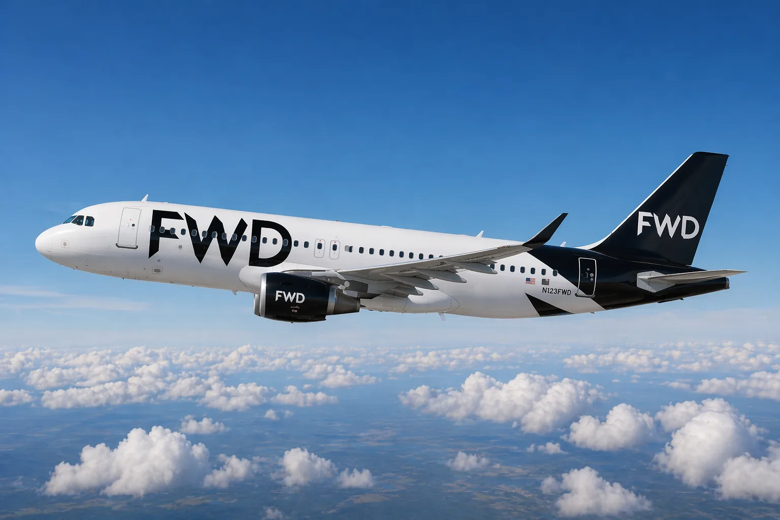 FWD branded aircraft flying above the clouds