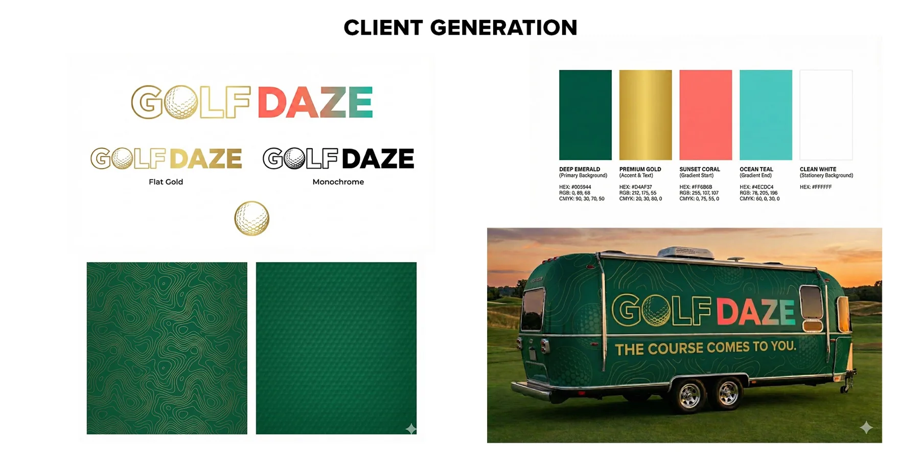 Golf Daze client generation board showing logo variations, brand swatches, patterns, and a branded trailer mockup.