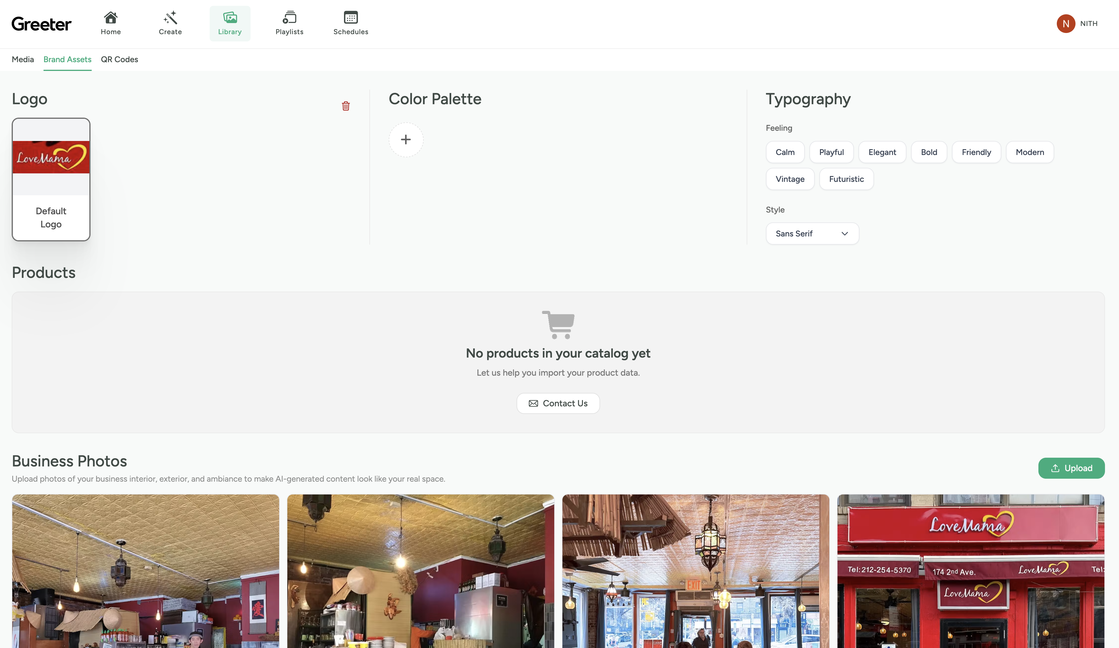 HelloGreeter brand assets screen with logo, typography, and business photo sections