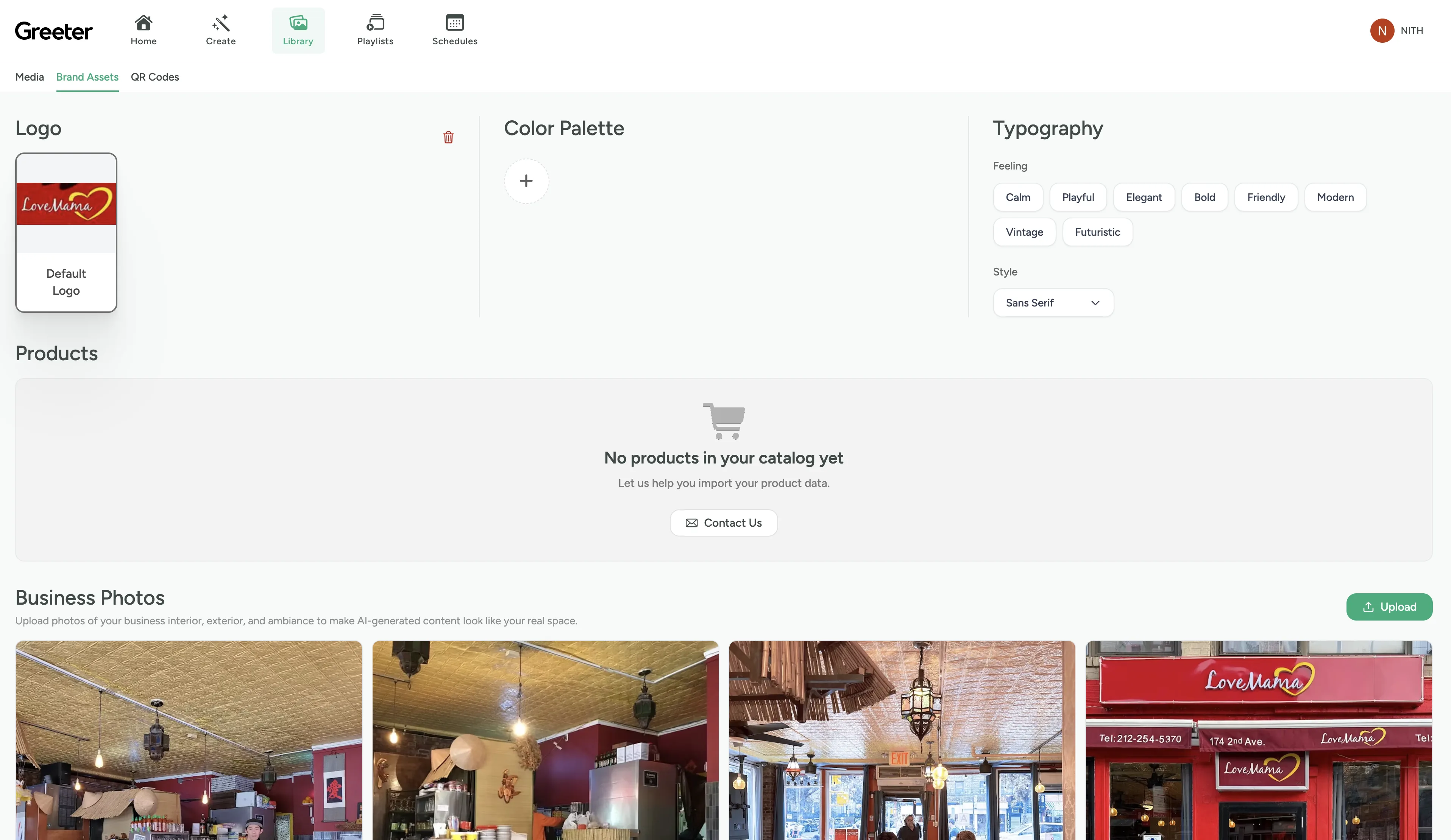 HelloGreeter brand assets screen with logo, typography, and business photo sections