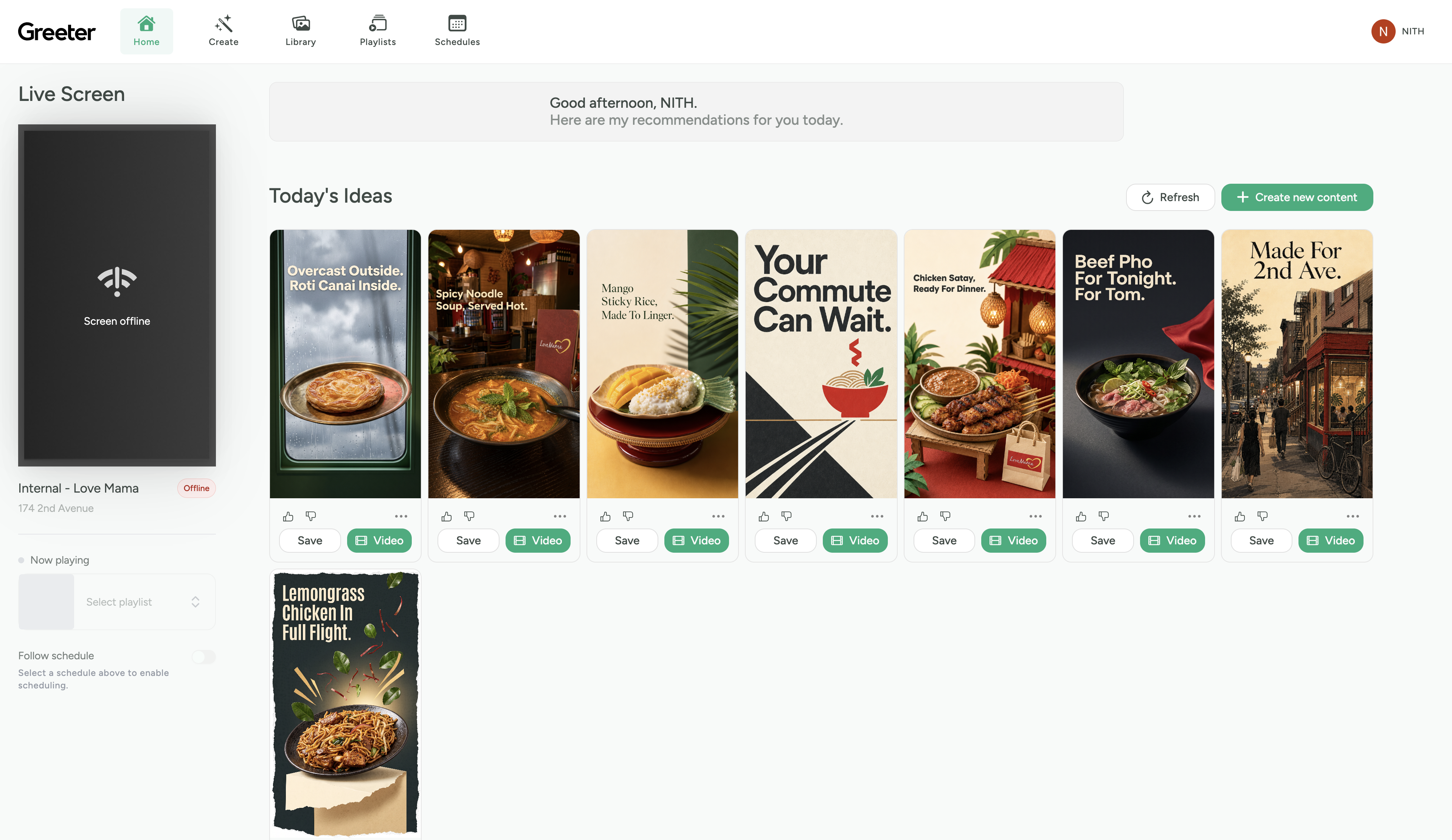 HelloGreeter dashboard showing today's AI content ideas for a restaurant client