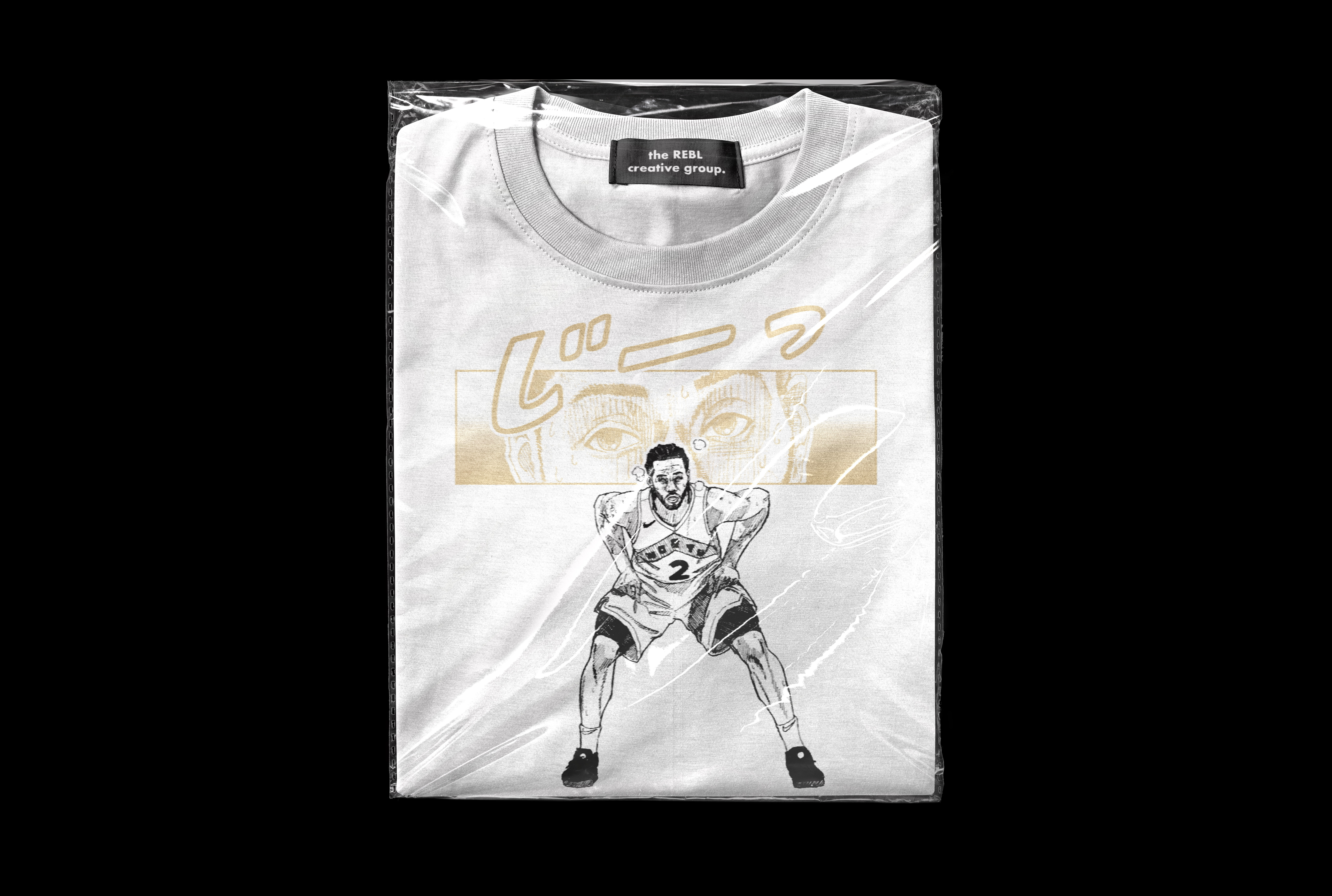 The Kawhi Tee folded and packaged against a black background