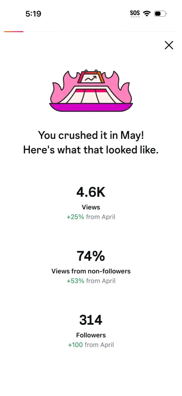 Instagram May performance screenshot showing 4.6K views, 74 percent non-follower views, and 314 followers.