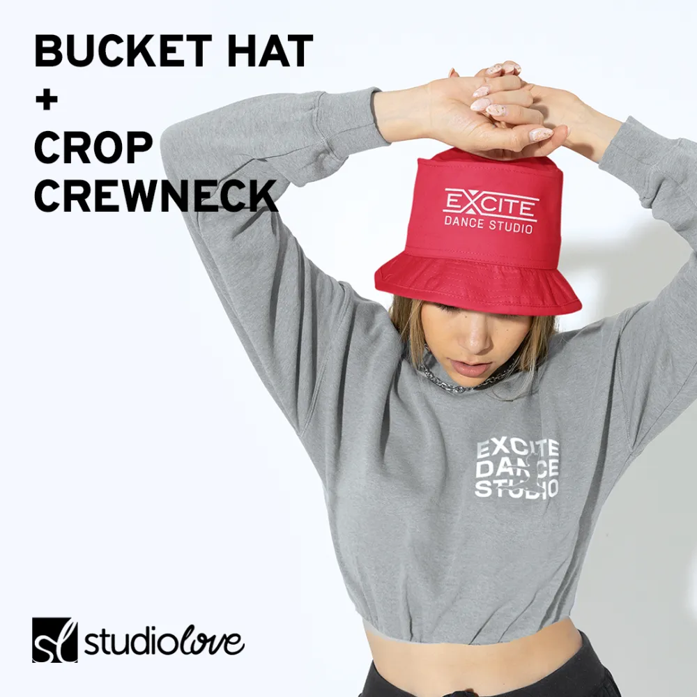 Studio Love bucket hat and crop crewneck campaign creative