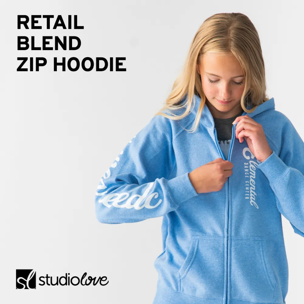 Studio Love blue zip hoodie campaign creative