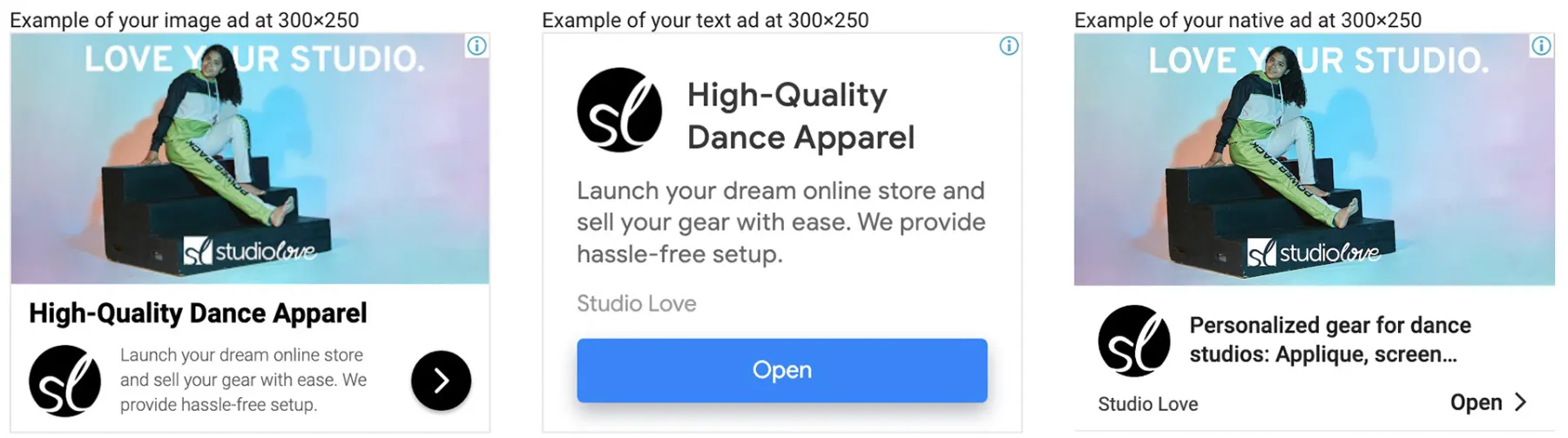 Studio Love image, text, and native display ad variants