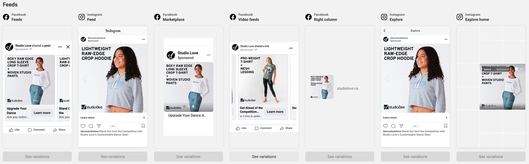 Studio Love apparel ads across Meta feed placements