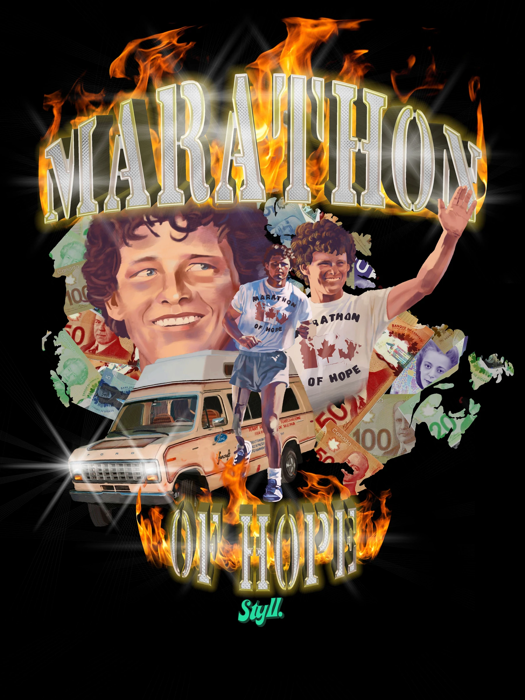 Marathon of Hope Terry Fox collage artwork designed for the commemorative shirt