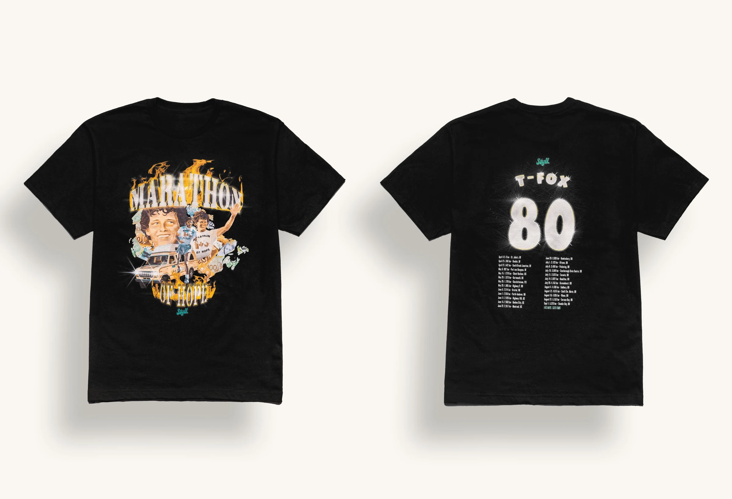 Front and back views of the black Terry Fox Marathon of Hope commemorative T-shirt